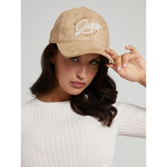New GUESS EMBROIDERED FAUX SUEDE HAT - BEIGE - Picture 1 of 7